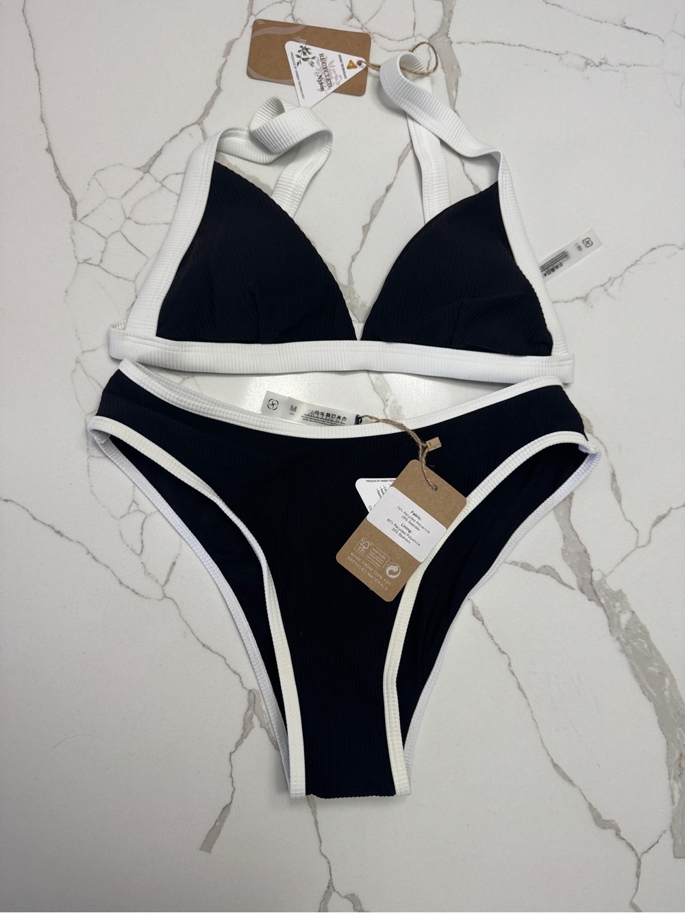 Black & White Ribbed Triangle Bikini Set. Small Top, Medium Bottom NWT